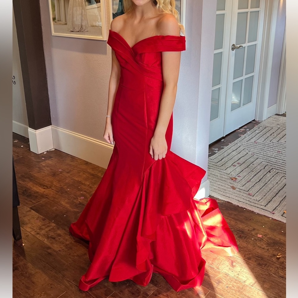 Red gown feminine satin fitted mermaid off the shoulder flowy prom wedding dress